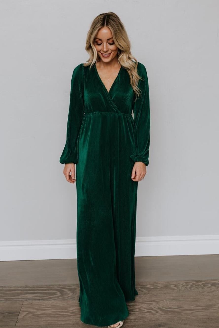 Baltic Born Womens Plus XXXL Green Pleated Long Sleeve Maxi Dress Holiday Formal